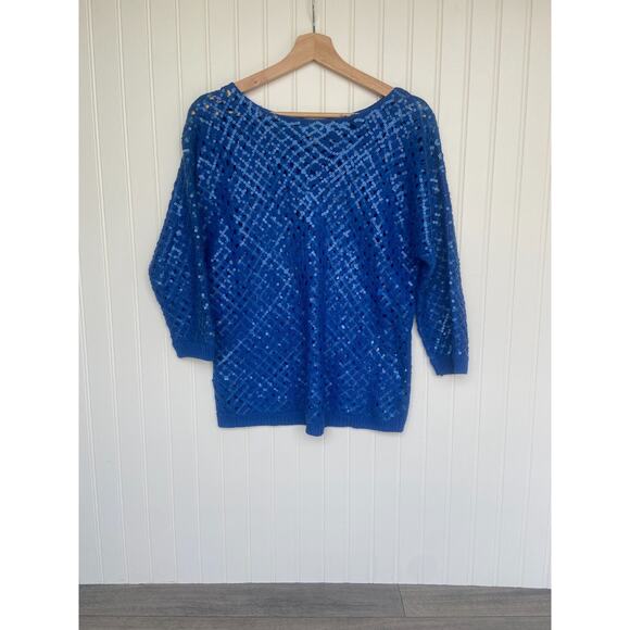 Chicos Sweater Women's Sz 1, Blue 3/4 Sleeve Kinetic Open Knit Sasha Sequins - Picture 1 of 5